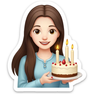 happy beautiful pale brunette girl with long hair holding a piece of cake with candle sticker