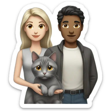 men and women with dark hair with a gray british cat sticker