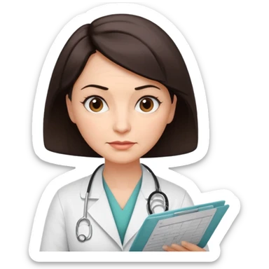 A female doctor in her 50s with visible facial wrinkles, dark brown short bob hair, looking down at and focusing on a medical chart. sticker