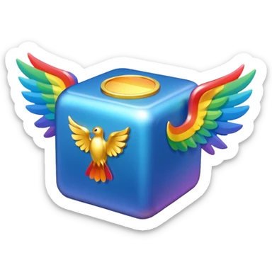 Blue cube with wings and has a rainbow ? sticker
