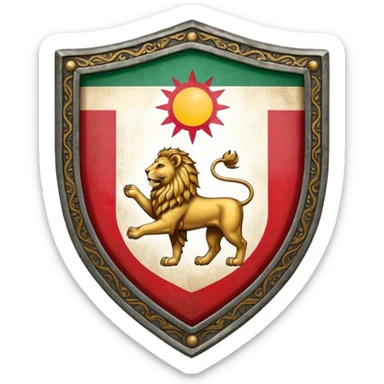 rectangular shield with the flag of Iran, with a lion and a sun sticker
