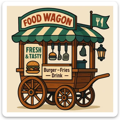 wooden vintage food cart with large spoked wheels, curved striped canopy in green and cream, prominent signboard displaying 'Food Wagon' in red, 'Fresh & Tasty', menu 'Burger – Fries – Drink', signboard with burger and food plate illustrations, cooking utensils hanging inside, black lantern at back, green flag with fork and knife icons at front, soft friendly nostalgic design sticker