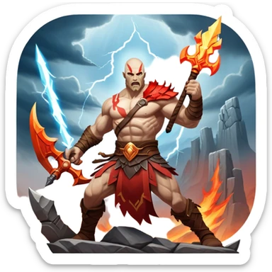 An icon showing a powerful warrior wielding a weapon, ready for battle, inspired by God of War: Ragnarok. The design features a fiery, war-torn landscape with broken statues and lightning in the sky, symbolizing epic combat. Transparent background highlights the action. sticker