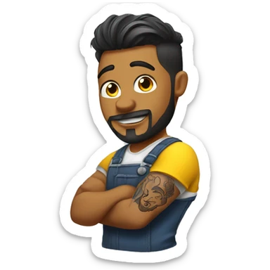 Barber with messy back hair, left arm and left hand tattoo, cutting hair with a yellow cape  sticker