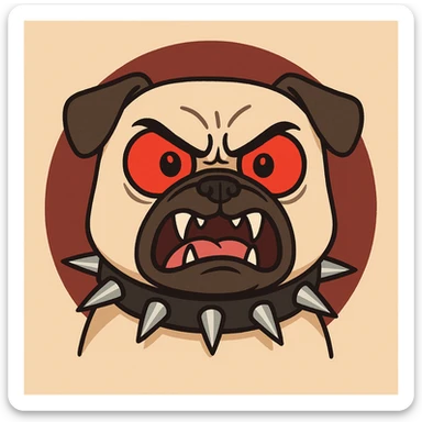 emoji of a pug with bright red eyes, furious expression, sharp fangs, black collar with large metal spikes, simple or circular dark red background, intimidating but funny appearance, ideal for a rebellious or tough emoji, 2D cartoon style sticker