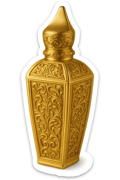 Refine this perfume bottle to closely resemble the shape and ornate details of Xerjoff's 'La Capitale' fragrance bottle, keeping the style decorative and gold-accented, with no characters or text, and a transparent background. sticker