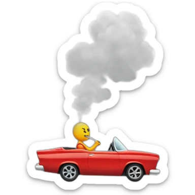 A smoking guy sit in a red car sticker