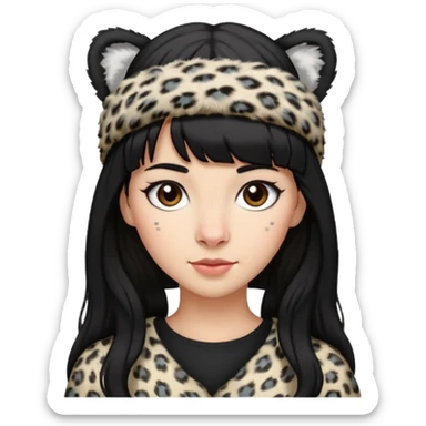 woman, black shoulder length hair, bangs, snow leopard fur headband sticker