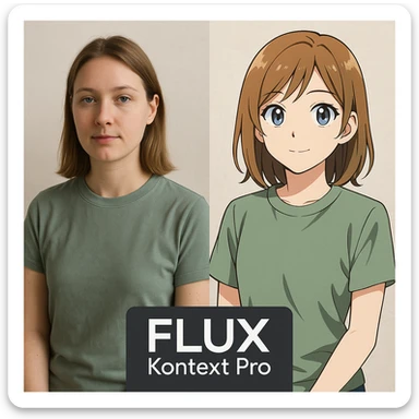 create before after image of a girl before is realsitic photo, after is anime version of her in same pose and clothes, add logo with text of a "FLUX Kontext Pro" sticker