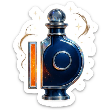 prabangus eliksyro buteliukas, įkvėptas Patreon logotipo, oranžinė ir tamsiai mėlyna spalvos, sidabrinės ir holografinės detalės, daug magiškų efektų, labai mažas kaklelis, vientisas dugnas, skaidrus fonas, buteliukas plūduriuoja ore, be pagrindo ar šešėlio, modernus, kolekcijai tinkamas sticker