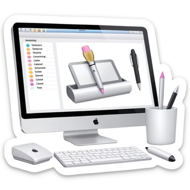 iMac showing beauty salon inventory software with notebook and pen next to it sticker