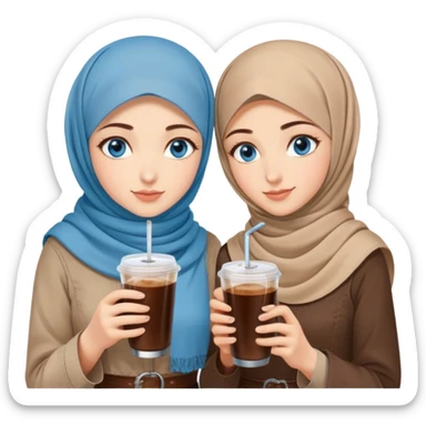 Turkish beautiful finish Konya two girls blue eyes with beige denim hijab islamic dress and had on her hand Rose Cold brew coffee   sticker