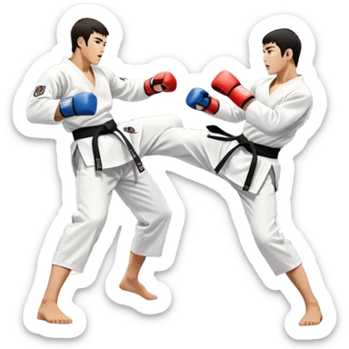 Two taekwondo fighters in traditional white doboks with black belts. One delivers a powerful kick, while the other defends by blocking with his knee. The background shows a professional arena with bright lights and an excited crowd. Transparent background highlights the intense action sticker
