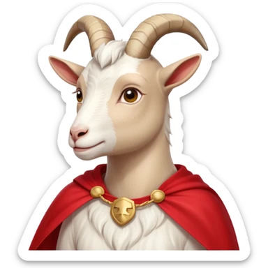 side view of white female goat wearing a read cape like superman sticker