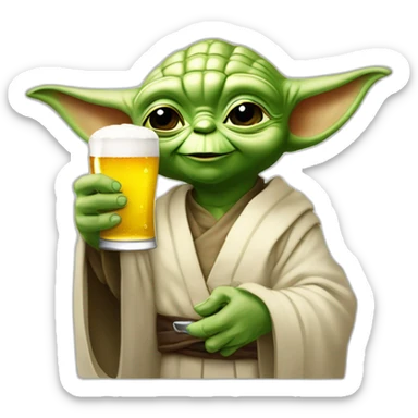 Yoda sonriendo levanta una copa de cerveza con el brazo izquierdo con el brazo izquierdo sticker