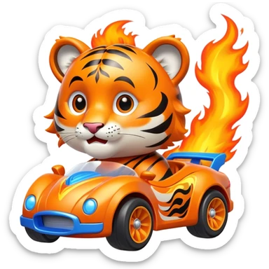 cute tiger in toy hot wheel car with THE CAR wheels are on fire sticker