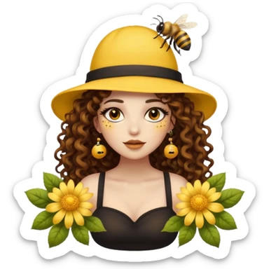 full body woman long curly brown hair brown eyes white skin tattoos wearing bee hat and pollen glow makeup sticker
