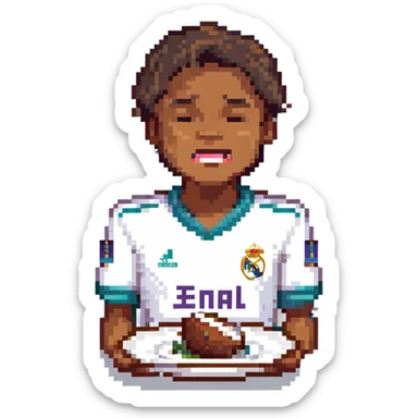 Lamine Yamal in Real Madrid football club uniform, crying and holding a plate sticker