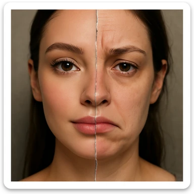 A face split down the middle: left half is flawless, influencer-filtered with radiant skin and large eyes; right half is realistic, tired, and imperfect with a frown. A subtle glitch effect like a cracked mirror runs vertically between the halves. sticker
