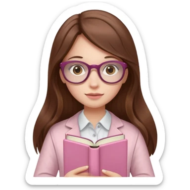 girl with fair skin and long brown hair holding a closed pale pink Book plus Glasers sticker