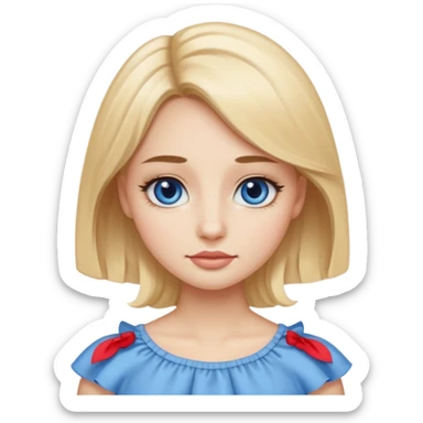 Emoji girl with small close-set blue eyes and eyeliner, long and straight eyebrows, long round nose, wide not full lips, long oval face shape, long blonde hair in cute ruffle beige top sticker