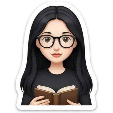 pale woman with long black hair, wearing glasses and black shirt holding a book sticker