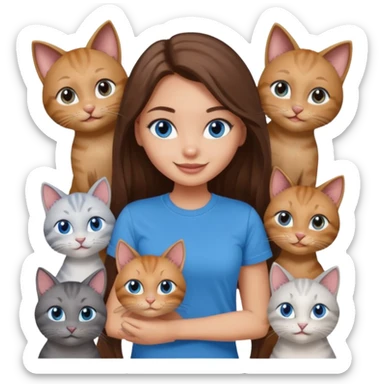a pretty bratz dusky light skin girl with long brown hair, blue eyes with six cats nd wearing a grey tshirt sticker