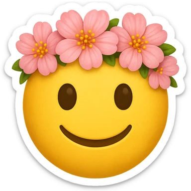 yellow face with pink flower crown emoji, digital illustration sticker