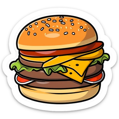 burger de chez Quick with soft bun, steak, cheese, sauce, cartoon sticker style sticker