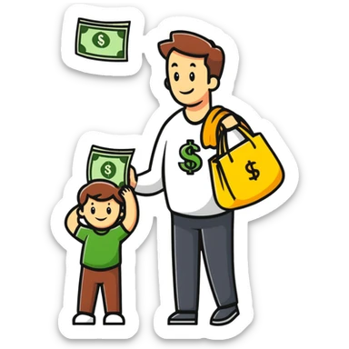 Person carrying money bag supporting a family, financial provider sticker