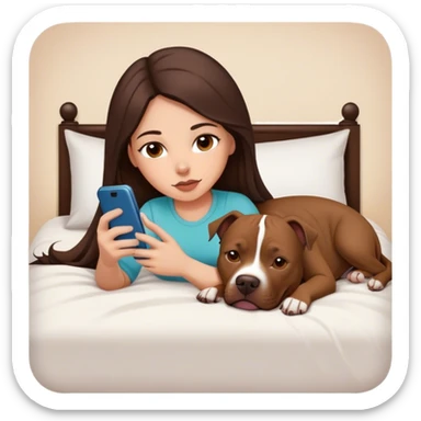 Girl long dark brown hair lays on her bed with her cell phone and her brown pit bull lays guarding her sticker