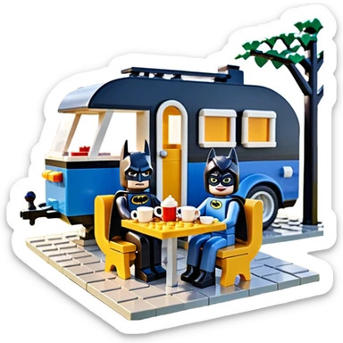  Ultra cute futuristic Lego detailed 1854Batman and pretty Catwoman dream house Caravan with picnic table and folding chairs alone at romantic afternoon (hot chocolate and cheeseburgers on the grill) sticker