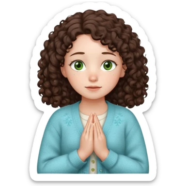 young girl in cozy cardigan milky blue tones, green eyes, freckles, plump lips, dark brown curly hair below shoulders, hands folded in prayer or gratitude, looking forward, gentle expression, emoji style sticker