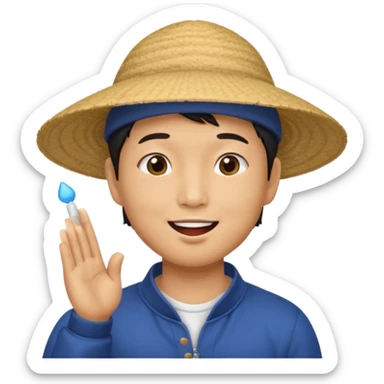 asian man in asian hat blowing a liss sticker