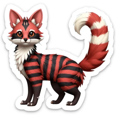 Beautiful fluffy thick puffy hyper-realistic lifelike furry black and red, Civet-Genet-Possum-Serval-Caracal-Sergal-Trico-Numbat-Furret-fusion-Fakemon-hybrid-creature (full body) with long tufted ears and a striped tufted tail  sticker