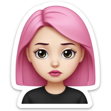  Girl emoji with round face, white skin, sharp eyebrows, frowning face, black shirt, pink lips, and big eyes  sticker