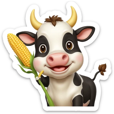 cute cow eating corn, holding corn with mouth, happy expression, 3D cartoon, mobile game icon style, clean background, no text, no watermark
 sticker