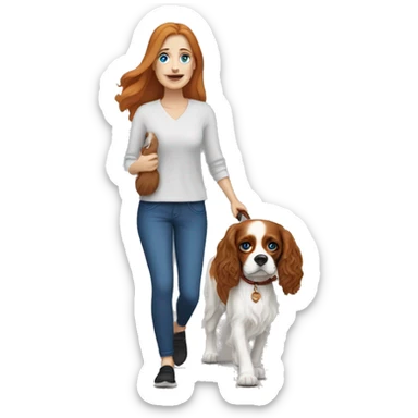 A white woman with blue eyes walks with a cavalier King Charles spaniel sticker
