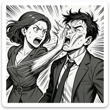 a dramatic scene of a woman slapping a man, with motion lines and exaggerated expressions sticker
