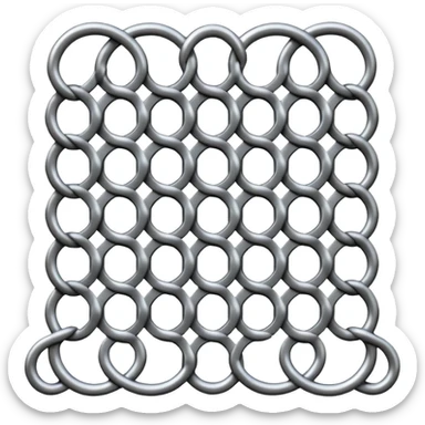 3D render of Screen Door Fragment, made of interlocking chainmail metal rings, wire mesh texture, visible holes and negative space, metallic silver and grey, high contrast shadows, emoji style, isolated on white background --v 6.0. sticker