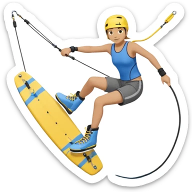A person wakeboarding with one leg forward, the other bent for balance, leaning slightly back while holding a tow rope. Wearing a blue top, black shorts, gray boots, on a yellow board with small water splashes below. sticker