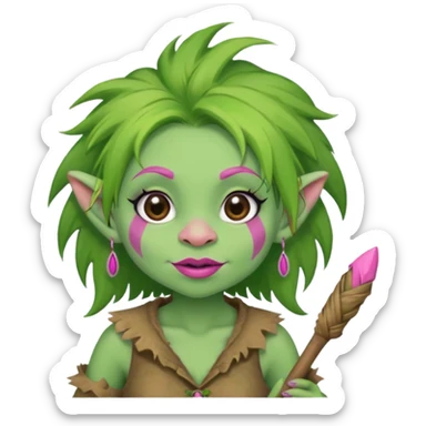 A green troll with green hair and brown and tan raggedy clothes on holding a brown stick with pink lipstick, long eyelashes and pink nails sticker