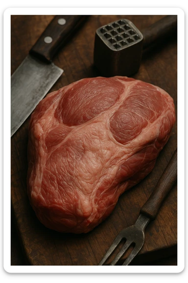 Macro fotografia di carne di maiale cruda, con dettagli che ricordano la consistenza e il colore della carne umana, posata su un tagliere di legno accanto a strumenti da cucina. Atmosfera realistica e leggermente inquietante. sticker