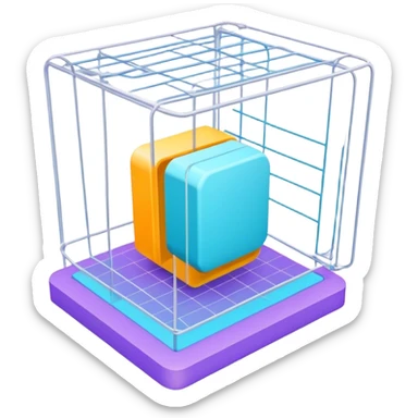 Create an emoji for 3D visualization and modeling. Show a 3D object with wireframe lines and a 3D modeling tool interface. Use modern, professional colors. Do not include any emojis or smiley faces. Make the background transparent. sticker