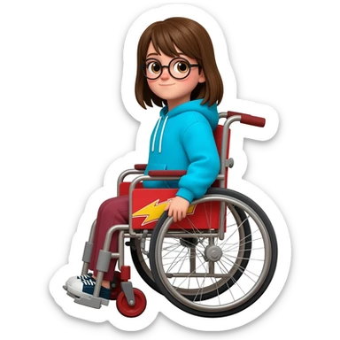 Brown hair girl with circle glasses in a rayo McQueen wheelchair, the wheelchair funnier, more similar to rayo mqeen sticker
