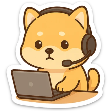 A yellow Shiba Inu wearing a headset is working, looking at the audience with an ambiguous look sticker