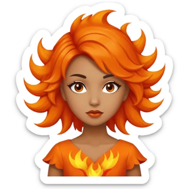 A girl tan skin face emoji with skin head hair styled, dramatic makeup and an orange flame-themed dress. sticker