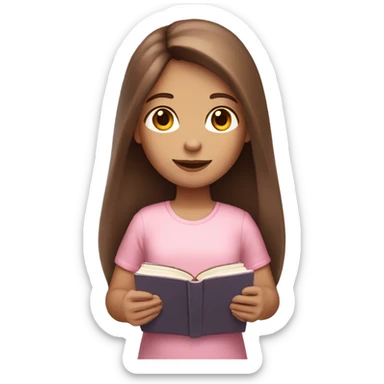 girl with fair skin and long brown hair holding a light-pink book sticker