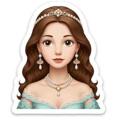 An emoji portrait of an Italian noblewoman. She wears a lavish gown with intricate lace details and a pearl necklace. Her expression is serene and elegant. sticker