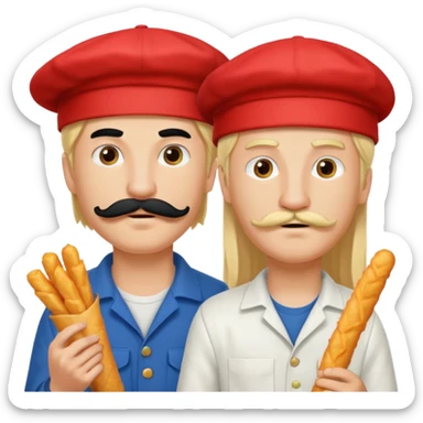 Aurore had long blond hair and Enzo is an Italian boy with mid-long black hair, mustache and a cap on his head and they are figthing like monster about mozzarella sticks sticker